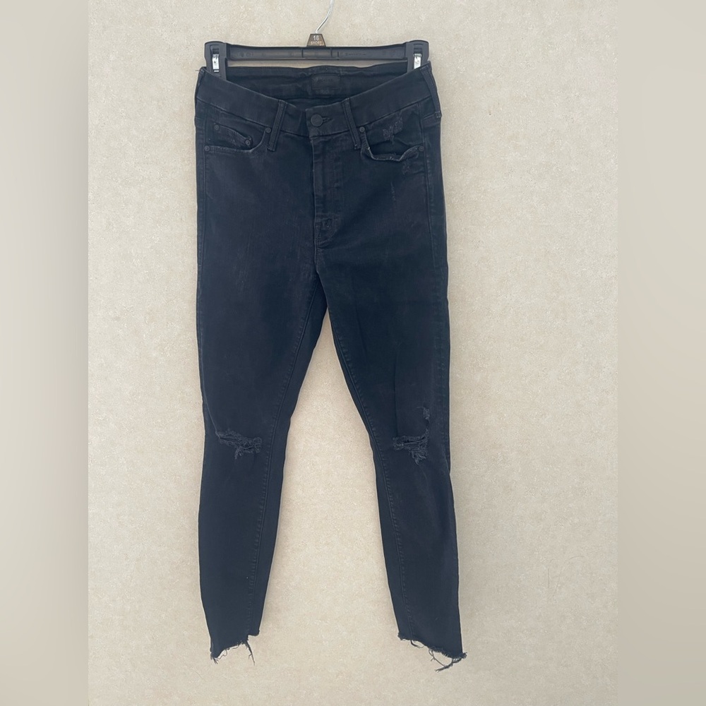 MOTHER Black Distressed Skinny Jeans black  size 25